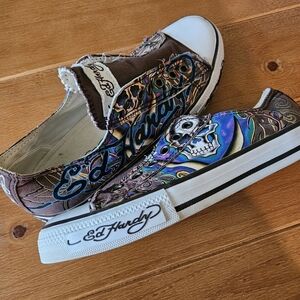 Ed Hardy Skull Tattoo Canvas Sneakers – Y2K 2000s Low Top – Women’s Size 7